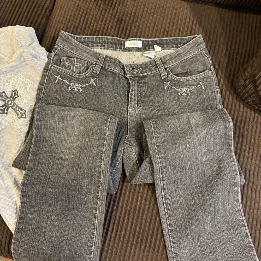 CACHE Embellished grey  jeans by Cache. Size 8 ,  98% cotton, 2% Spandex.